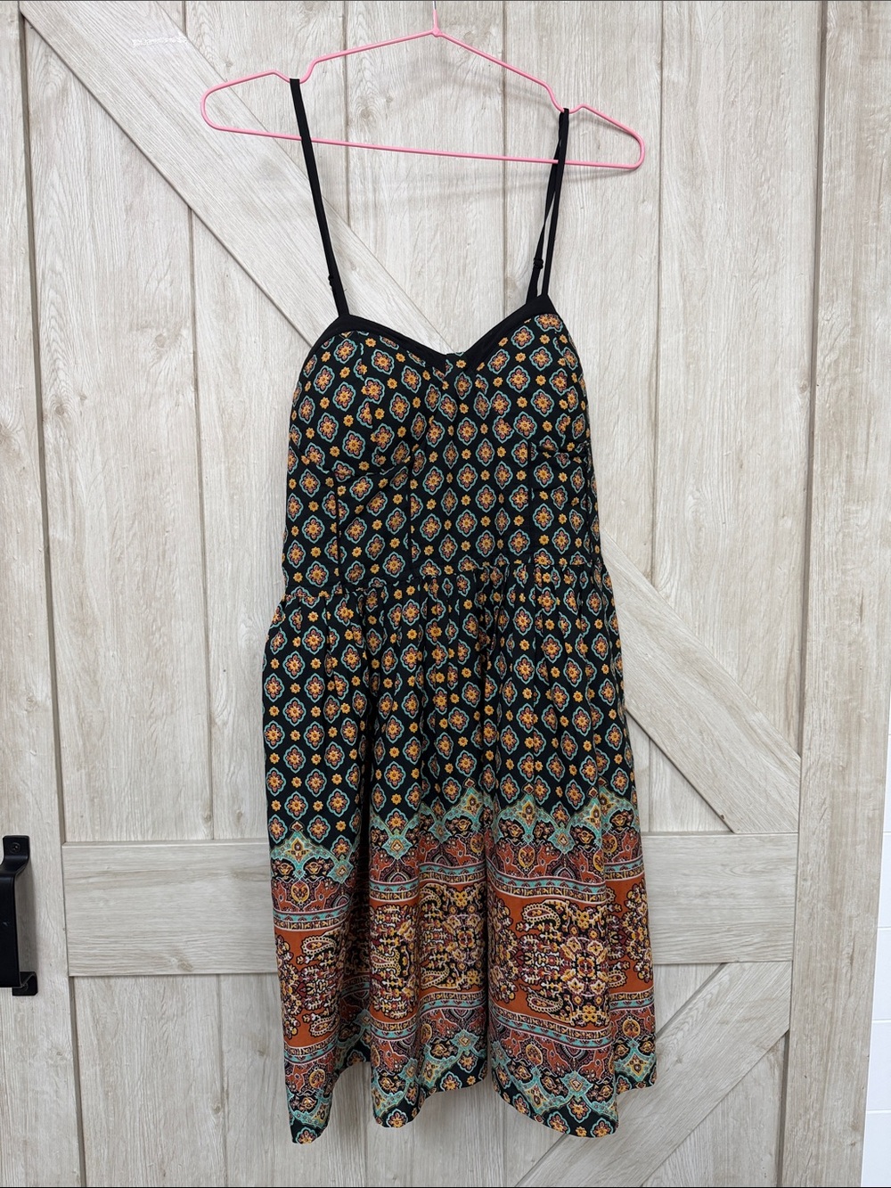 American Rag Black Midi Dress with Rust and Teal Border Print